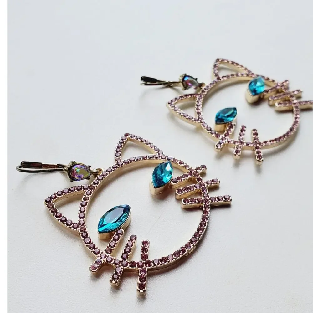 Betsey Johnson Women's Pink Stone Open Cat Face Drop Earrings Fashion Jewelry